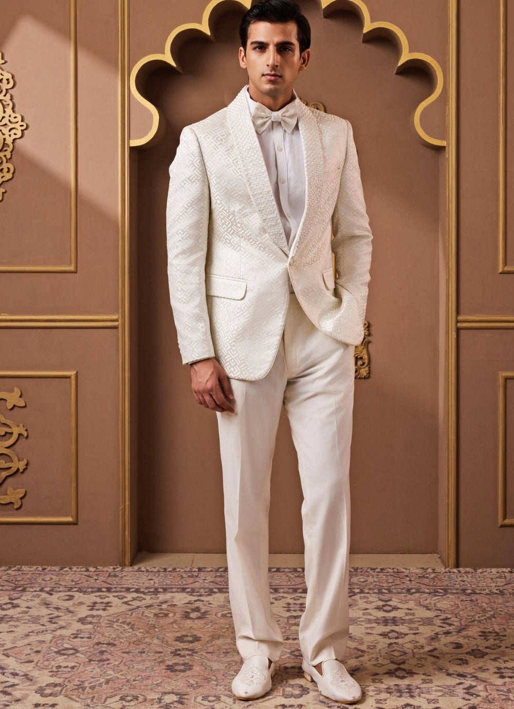 Ivory Jacquard Tuxedo Set Nitika Gujral - Men - Fabilicious Fashion