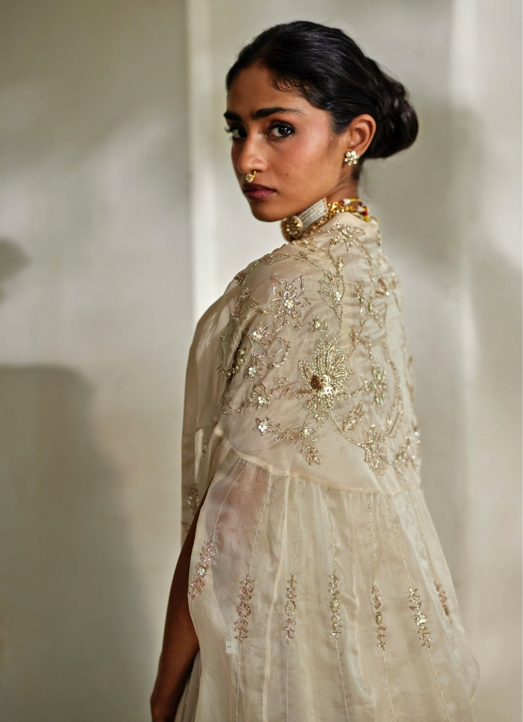 Ivory Jamavar Jacquard Anarkali With Cape Paulmi and Harsh - Fabilicious Fashion