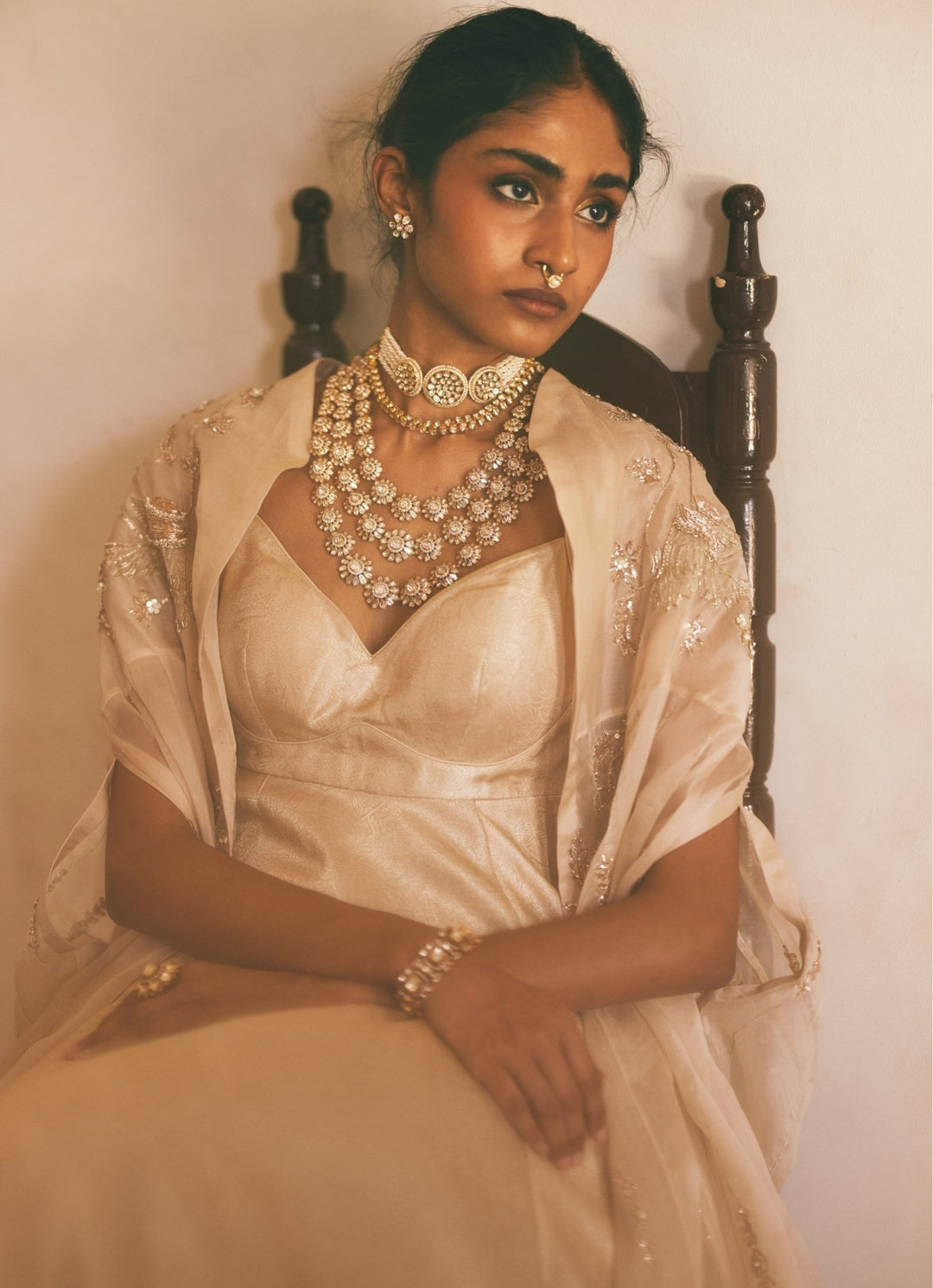 Ivory Jamavar Jacquard Anarkali With Cape Paulmi and Harsh - Fabilicious Fashion