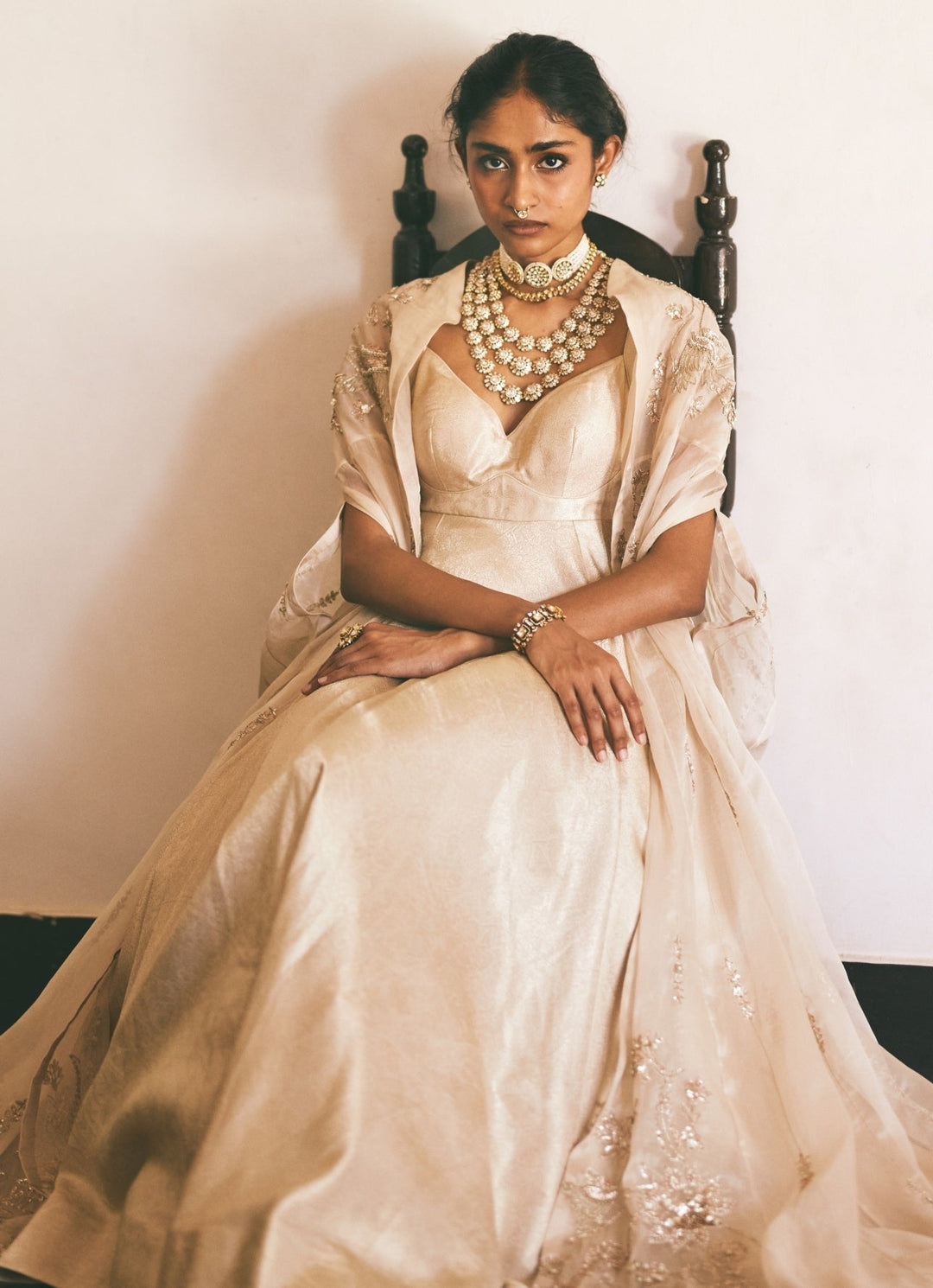 Ivory Jamavar Jacquard Anarkali With Cape Paulmi and Harsh - Fabilicious Fashion