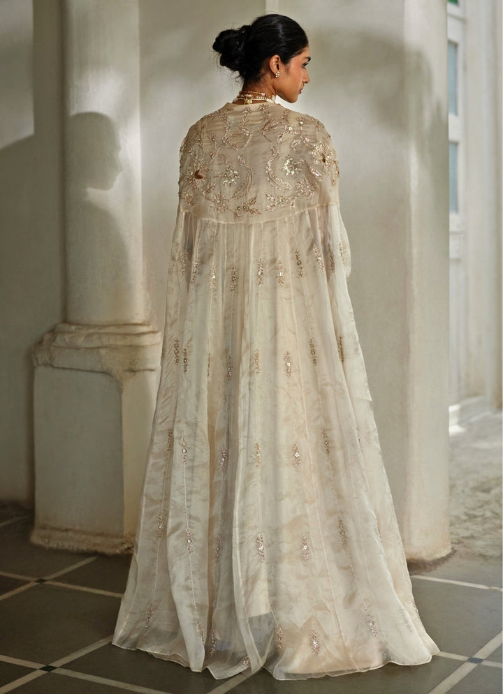 Ivory Jamavar Jacquard Anarkali With Cape Paulmi and Harsh - Fabilicious Fashion