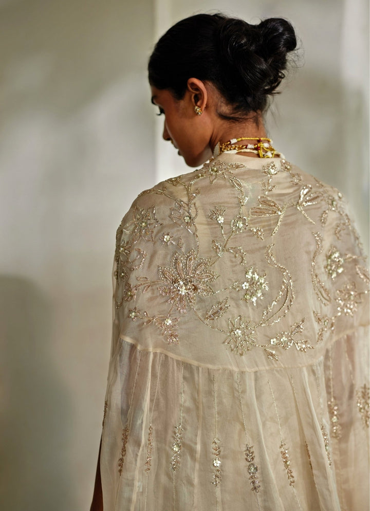 Ivory Jamavar Jacquard Anarkali With Cape Paulmi and Harsh - Fabilicious Fashion