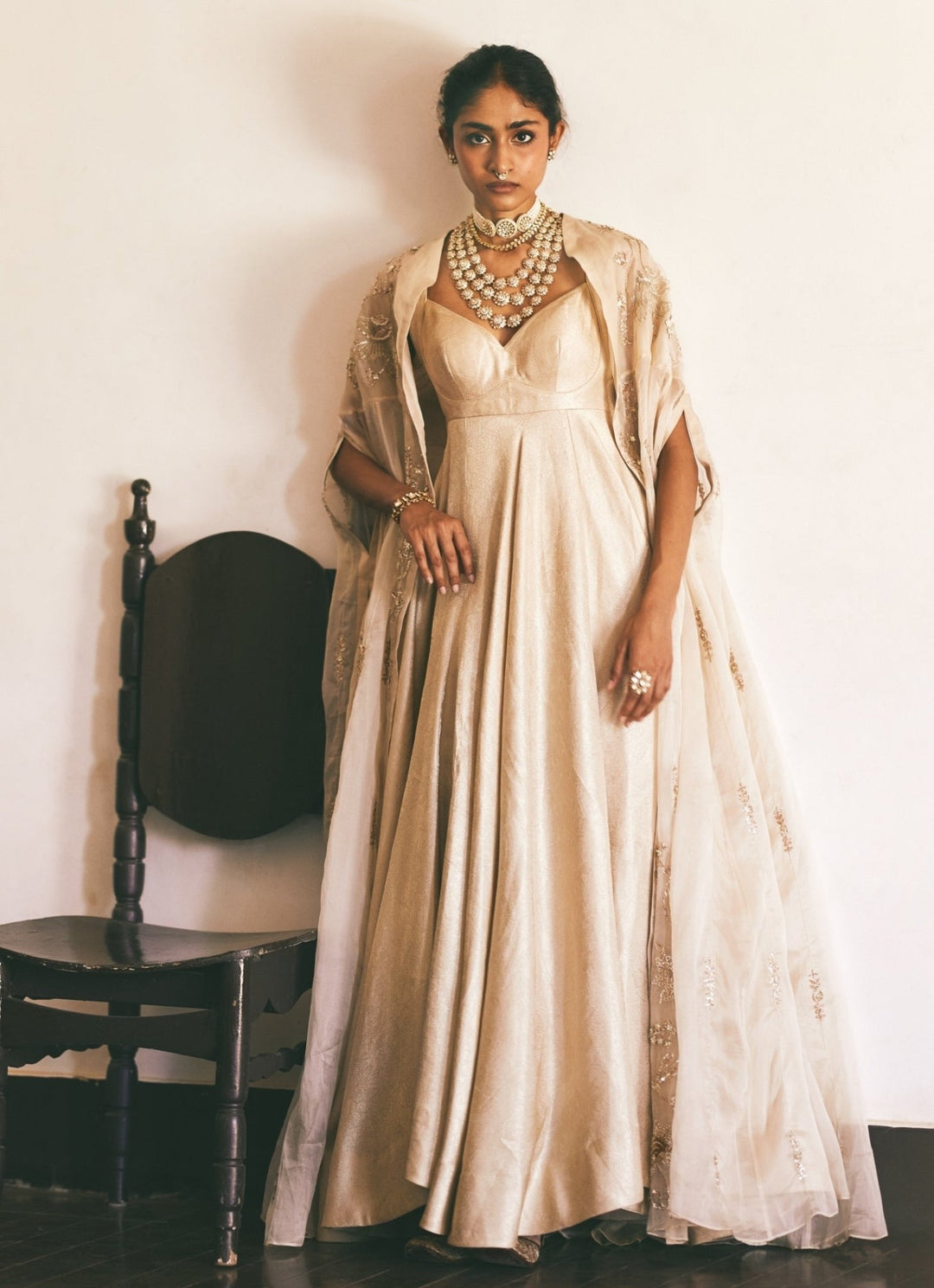 Ivory Jamavar Jacquard Anarkali With Cape Paulmi and Harsh - Fabilicious Fashion