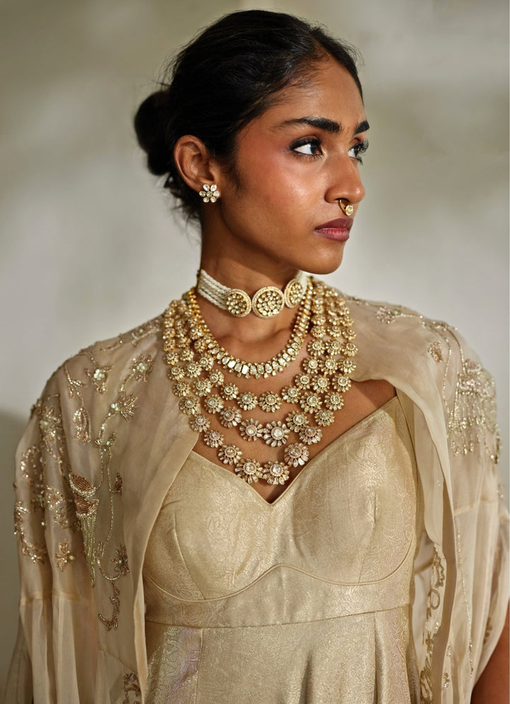 Ivory Jamavar Jacquard Anarkali With Cape Paulmi and Harsh - Fabilicious Fashion