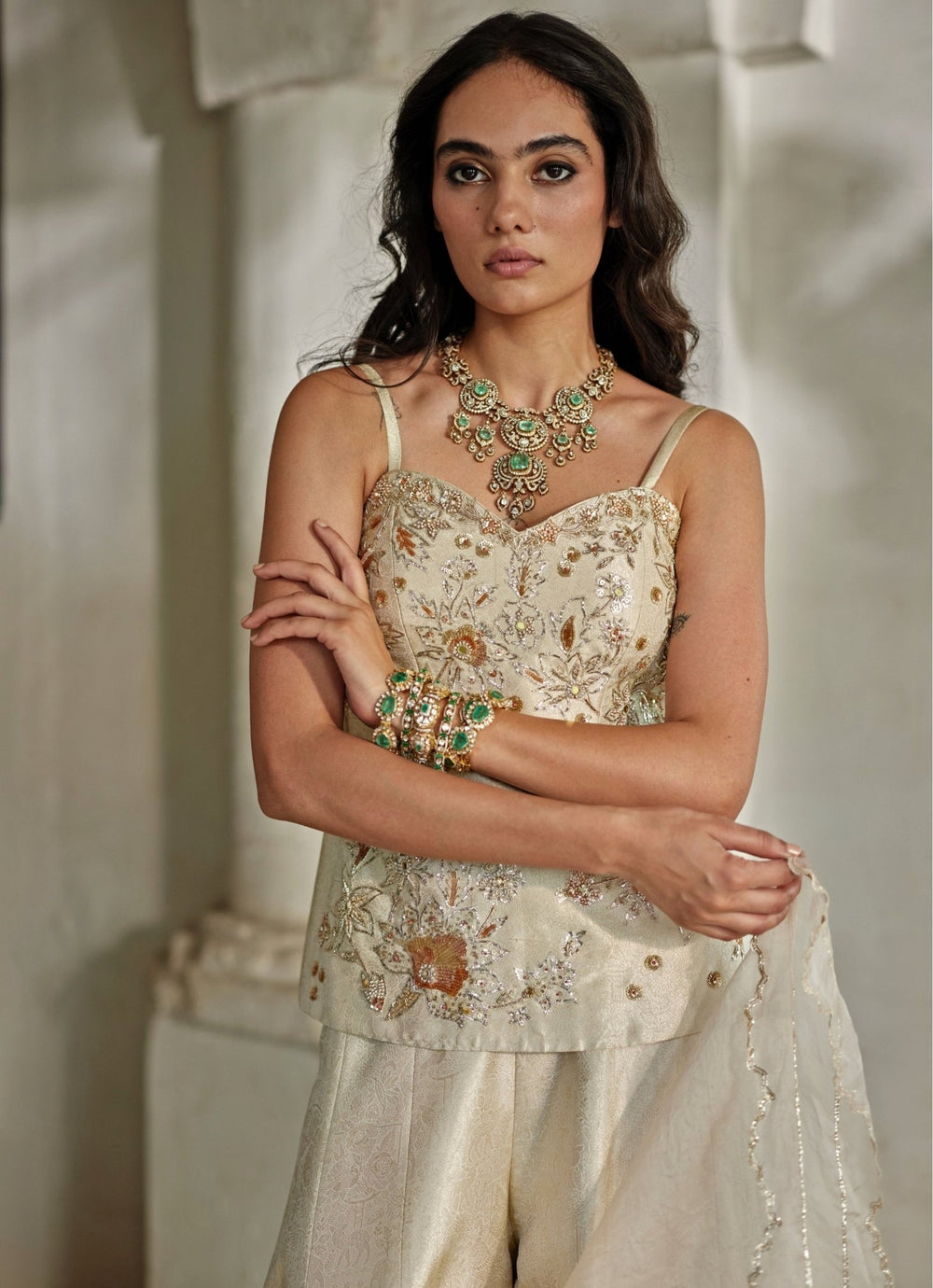 Ivory Jamavar Palazzo Set With Corset Kurta Paulmi and Harsh - Fabilicious Fashion