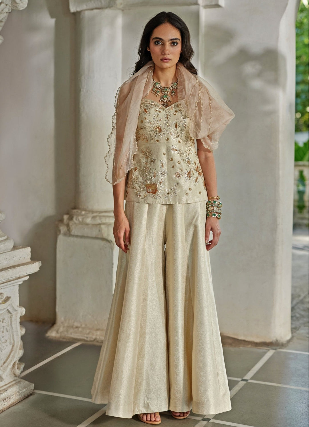Ivory Jamavar Palazzo Set With Corset Kurta Paulmi and Harsh - Fabilicious Fashion