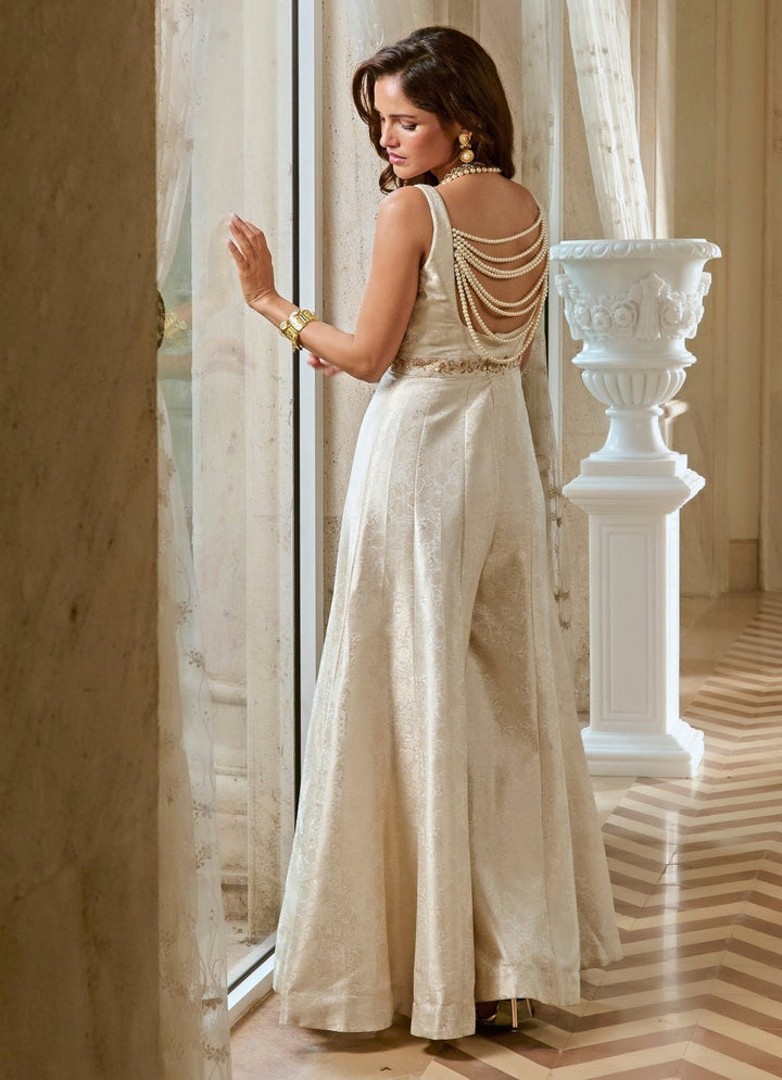 Ivory Jamewar Silk Jumpsuit Paulmi and Harsh - Fabilicious Fashion