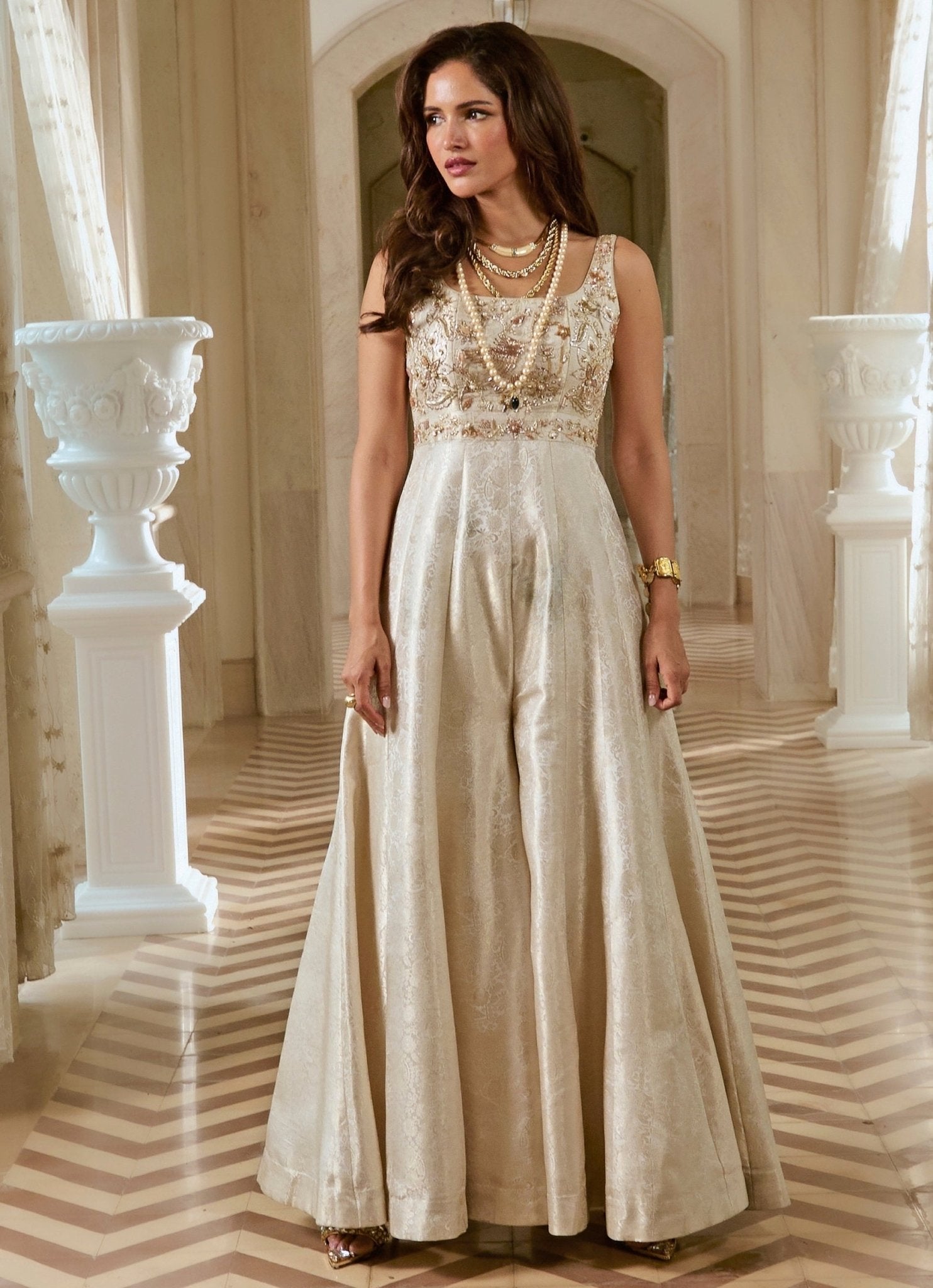 Ivory silk Indo-Western jumpsuit for destination wedding guest daytime look