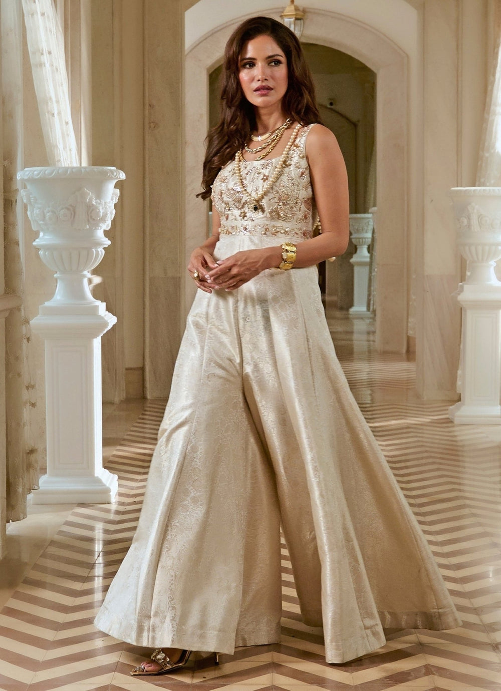 Ivory Jamewar Silk Jumpsuit Paulmi and Harsh - Fabilicious Fashion