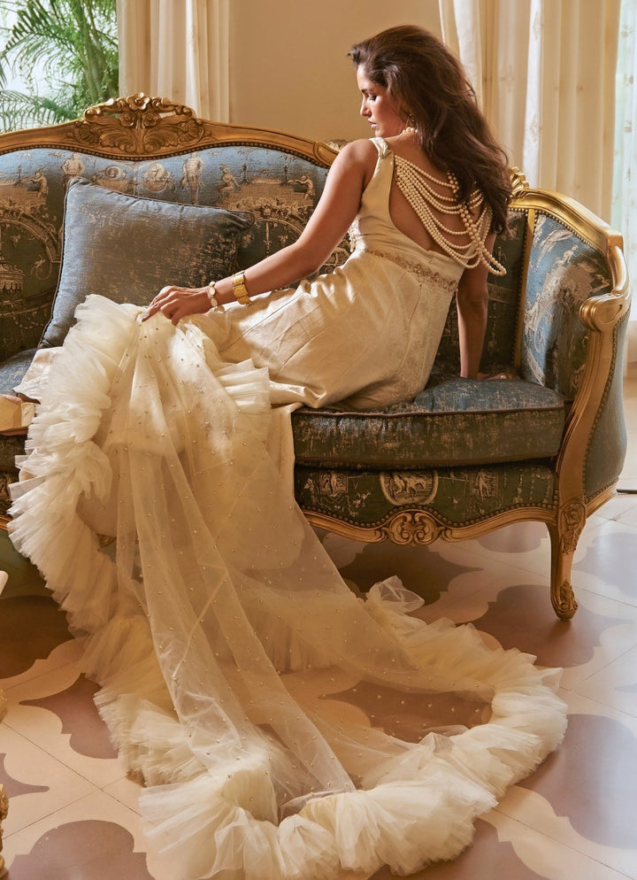 Ivory Jamewar Silk Jumpsuit Paulmi and Harsh - Fabilicious Fashion