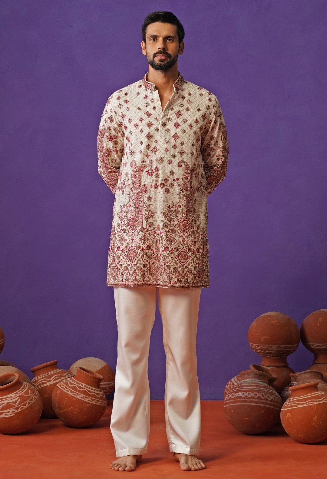 Ivory Kashmiri Georgette Short Kurta Set Kalpraag - Fabilicious Fashion
