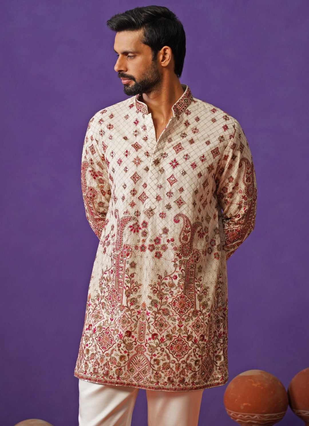 Ivory Kashmiri Georgette Short Kurta Set Kalpraag - Fabilicious Fashion