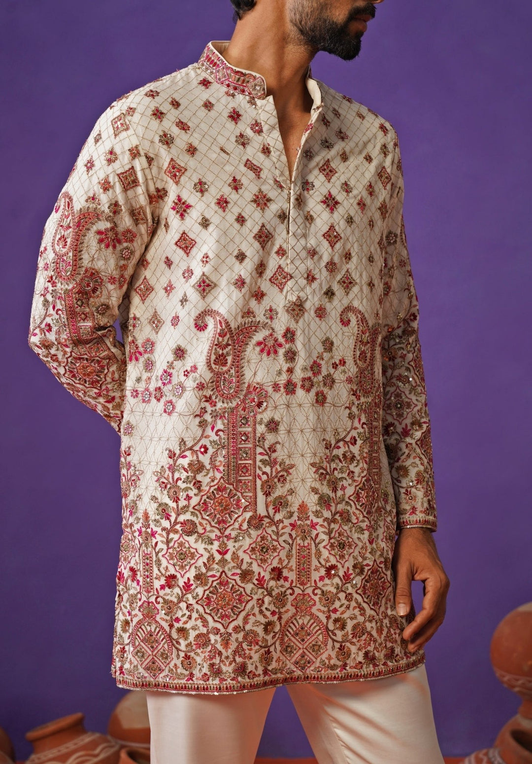 Ivory Kashmiri Georgette Short Kurta Set Kalpraag - Fabilicious Fashion