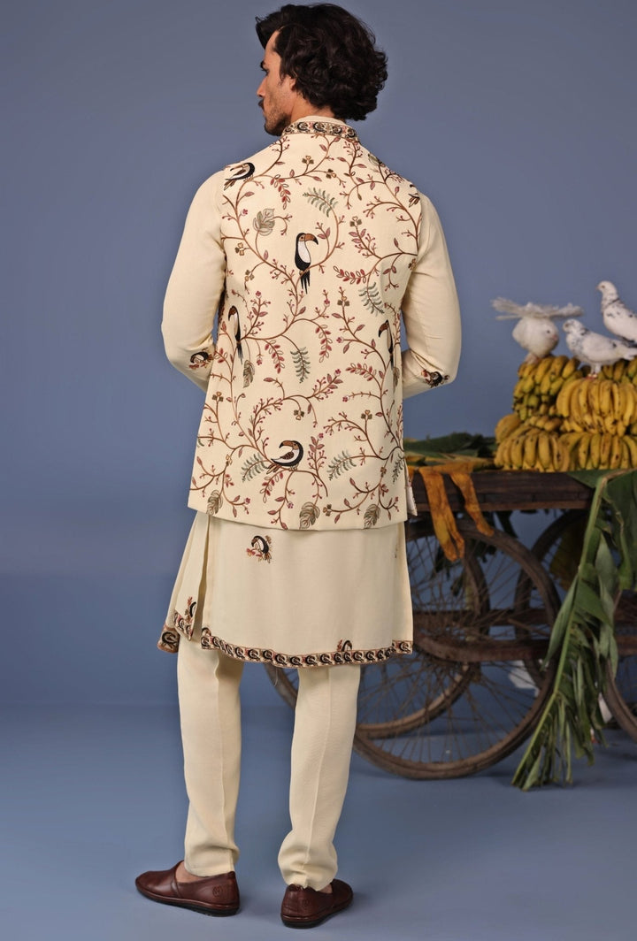 Ivory Kurta Pant Set with Thread Embroidered Jacket Kalpraag - Fabilicious Fashion