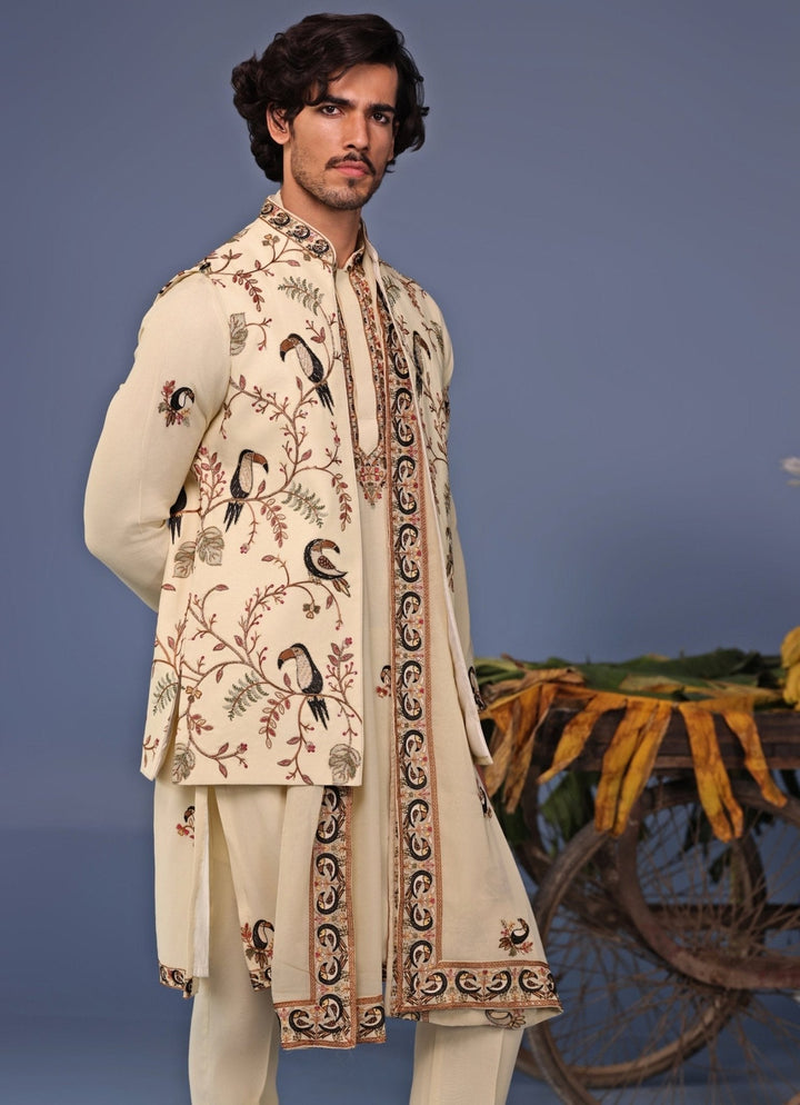 Ivory Kurta Pant Set with Thread Embroidered Jacket Kalpraag - Fabilicious Fashion