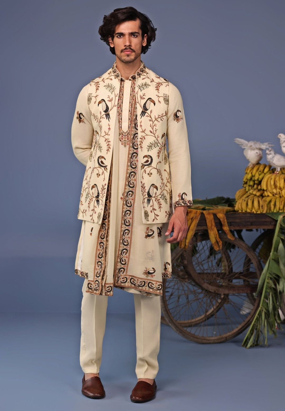 Ivory Kurta Pant Set with Thread Embroidered Jacket Kalpraag - Fabilicious Fashion