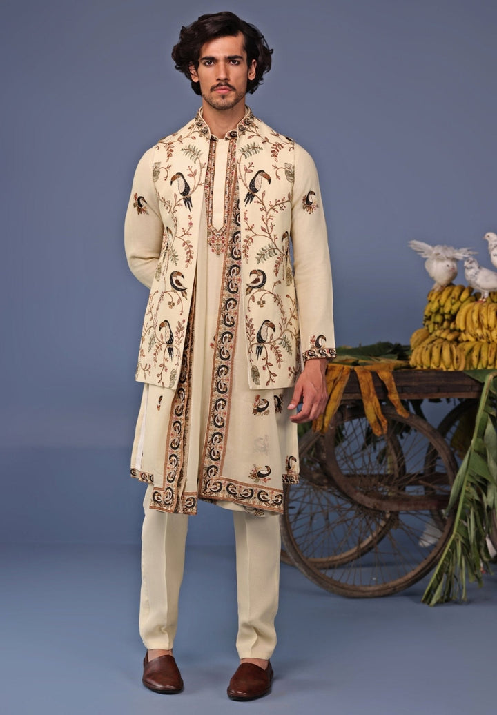 Ivory Kurta Pant Set with Thread Embroidered Jacket Kalpraag - Fabilicious Fashion