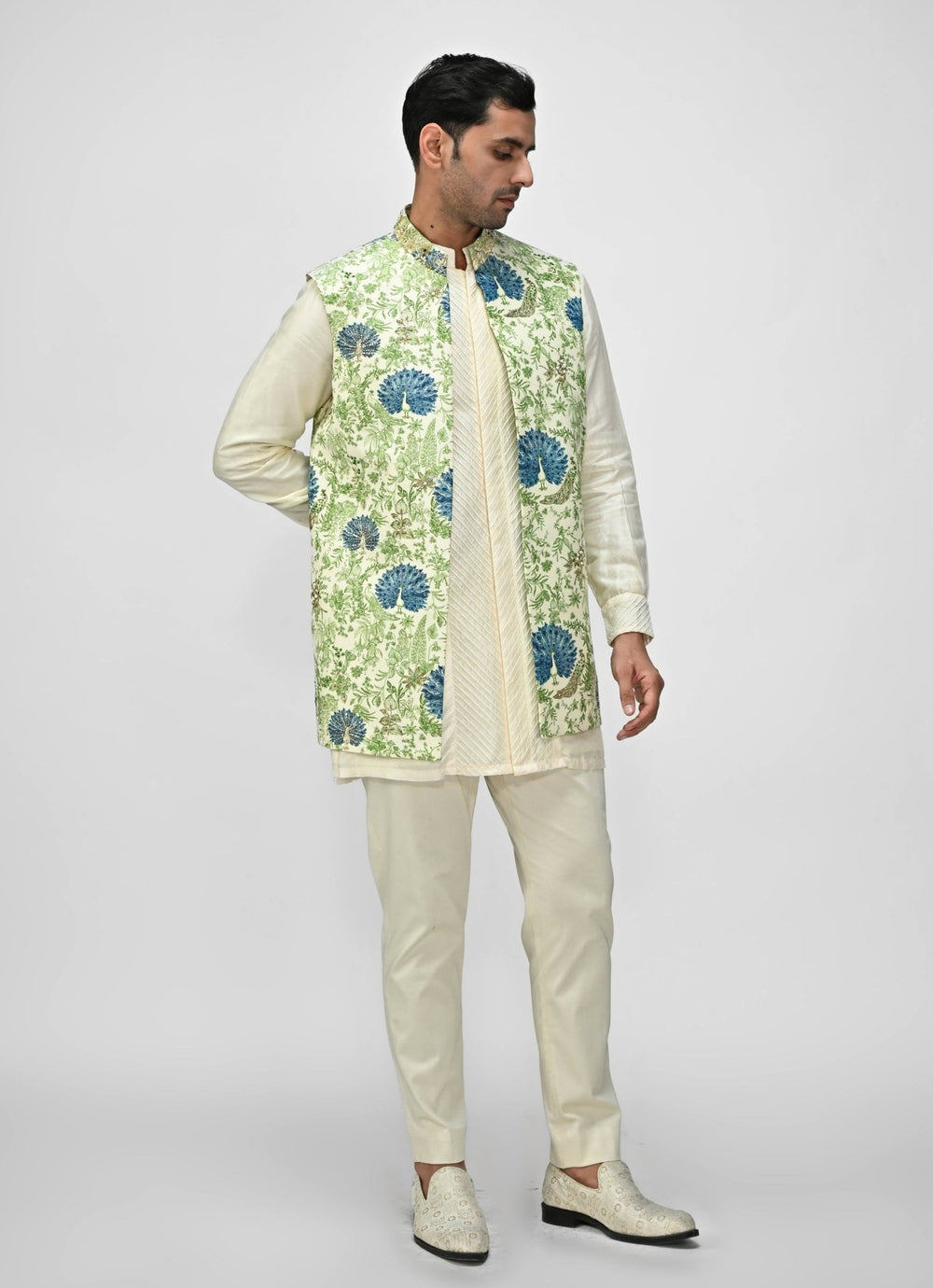 Ivory Kurta Pants Set with Green Printed Half Jacket Juhi Bengani - Men - Fabilicious Fashion
