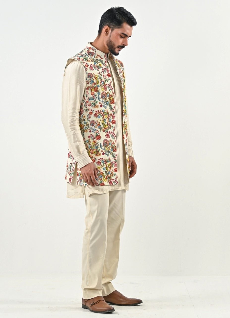 Ivory Kurta Pants Set with Printed Chinon Half Jacket Juhi Bengani - Men - Fabilicious Fashion