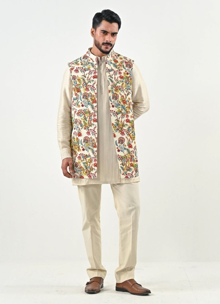 Ivory Kurta Pants Set with Printed Chinon Half Jacket Juhi Bengani - Men - Fabilicious Fashion