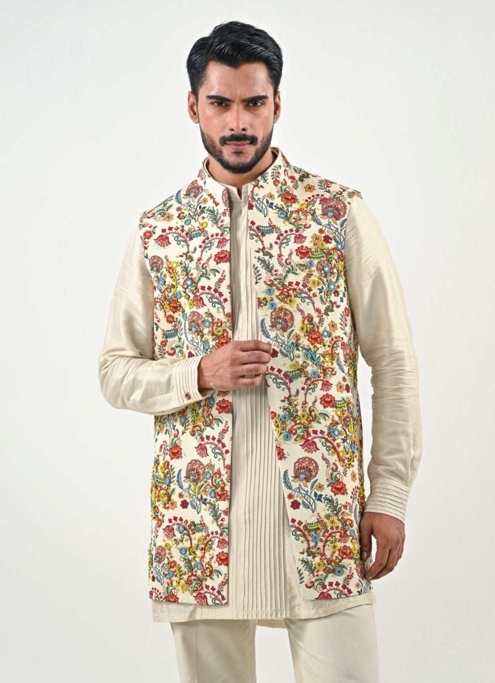 Ivory Kurta Pants Set with Printed Chinon Half Jacket Juhi Bengani - Men - Fabilicious Fashion
