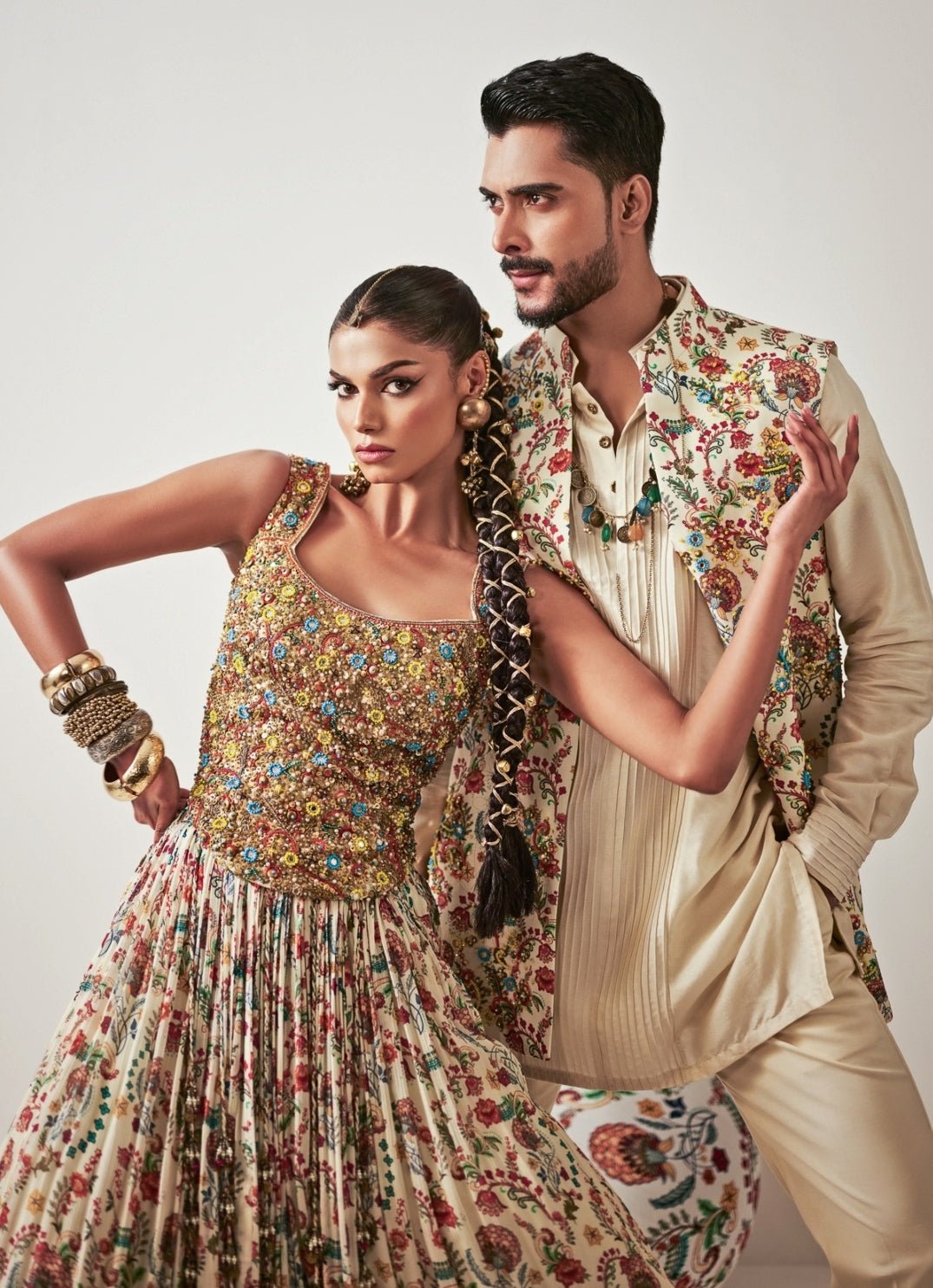 Ivory Kurta Pants Set with Printed Chinon Half Jacket Juhi Bengani - Men - Fabilicious Fashion