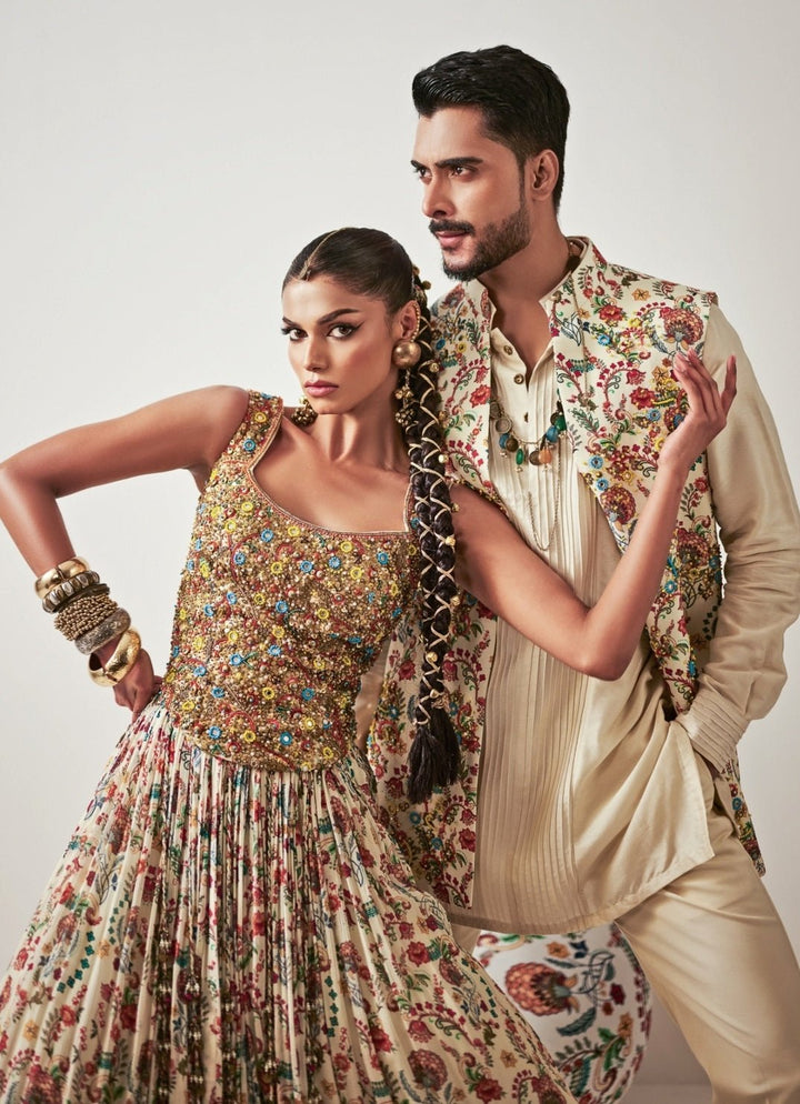 Ivory Kurta Pants Set with Printed Chinon Half Jacket Juhi Bengani - Men - Fabilicious Fashion