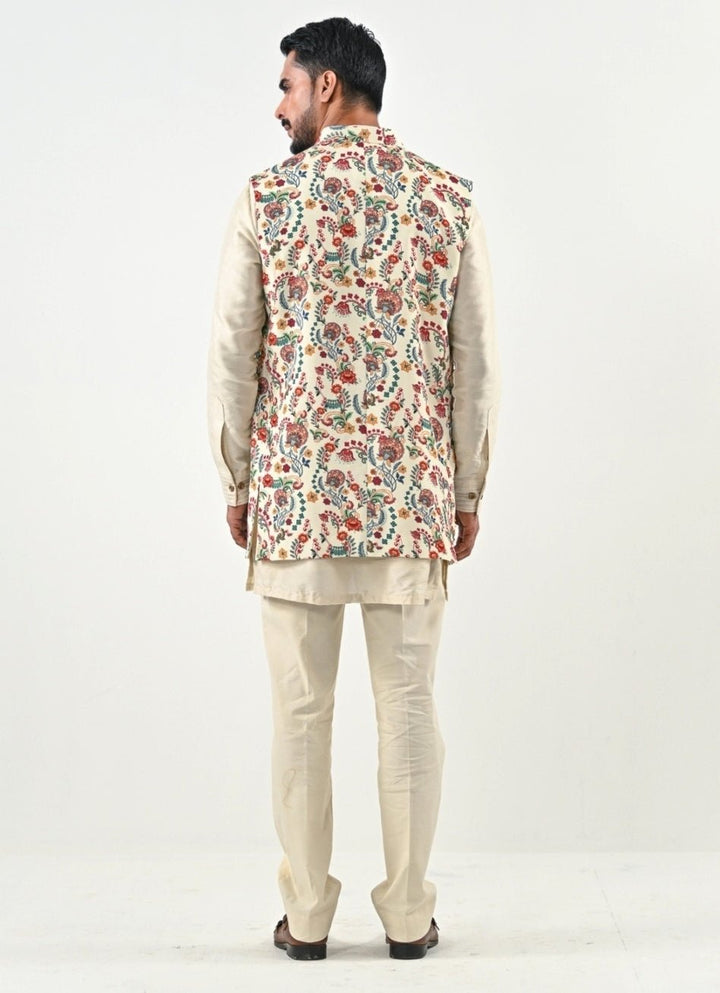 Ivory Kurta Pants Set with Printed Chinon Half Jacket Juhi Bengani - Men - Fabilicious Fashion