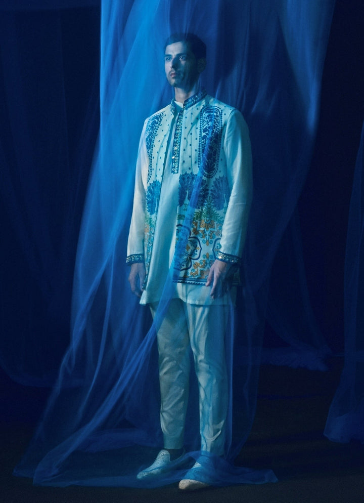 Ivory Kurta Pants Set with Printed Half Jacket Juhi Bengani - Men - Fabilicious Fashion