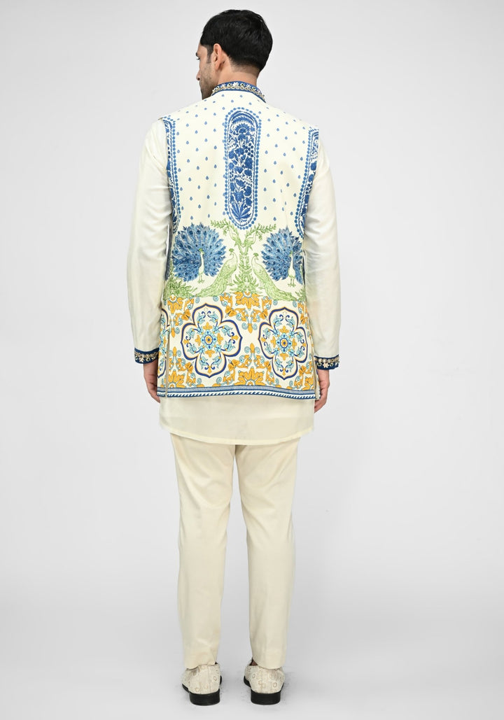 Ivory Kurta Pants Set with Printed Half Jacket Juhi Bengani - Men - Fabilicious Fashion