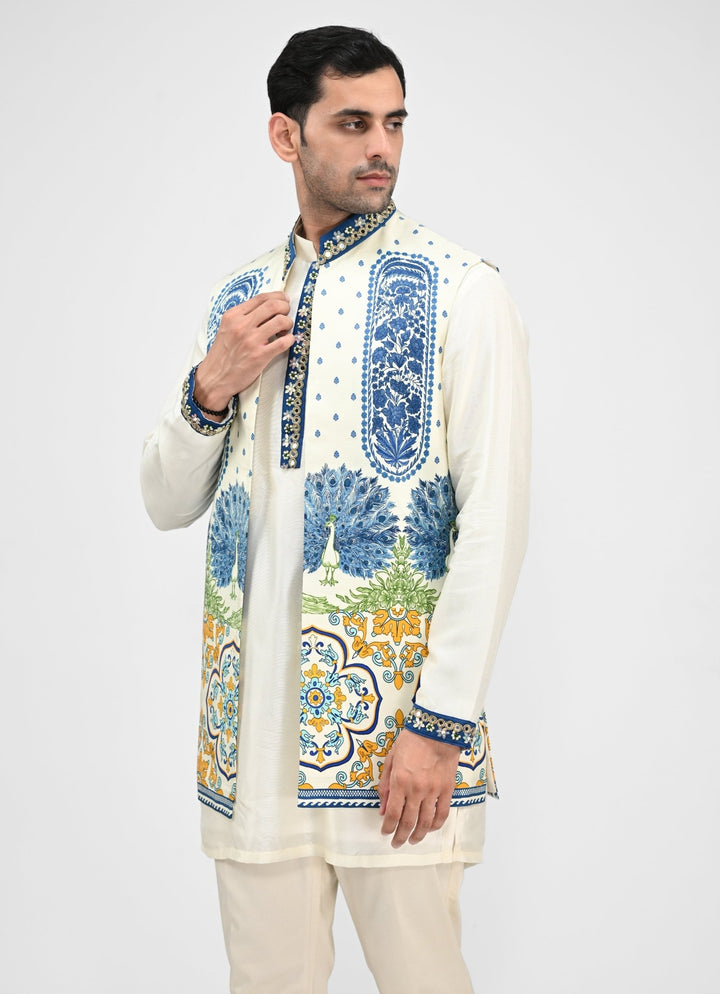 Ivory Kurta Pants Set with Printed Half Jacket Juhi Bengani - Men - Fabilicious Fashion