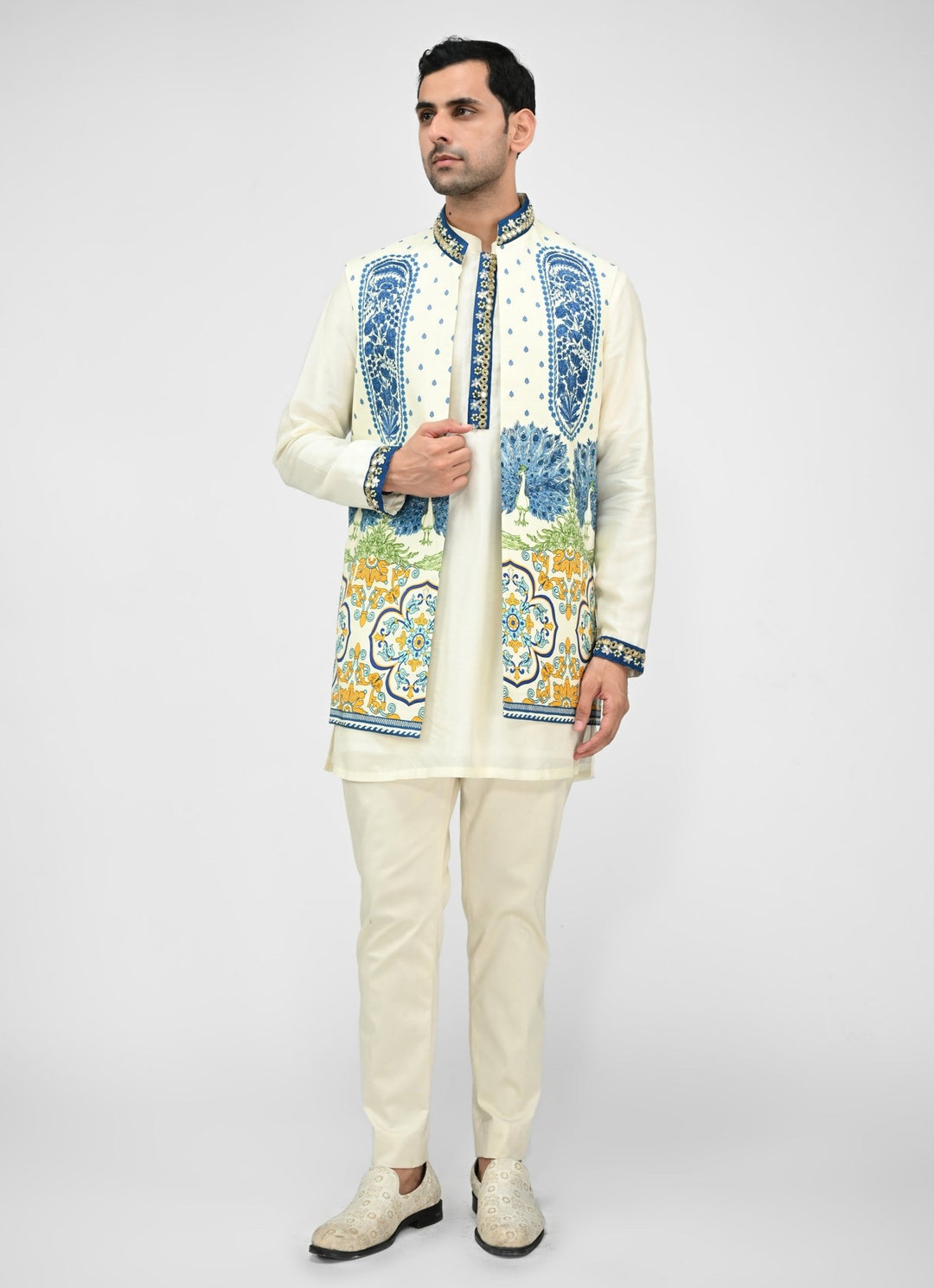 Ivory Kurta Pants Set with Printed Half Jacket Juhi Bengani - Men - Fabilicious Fashion