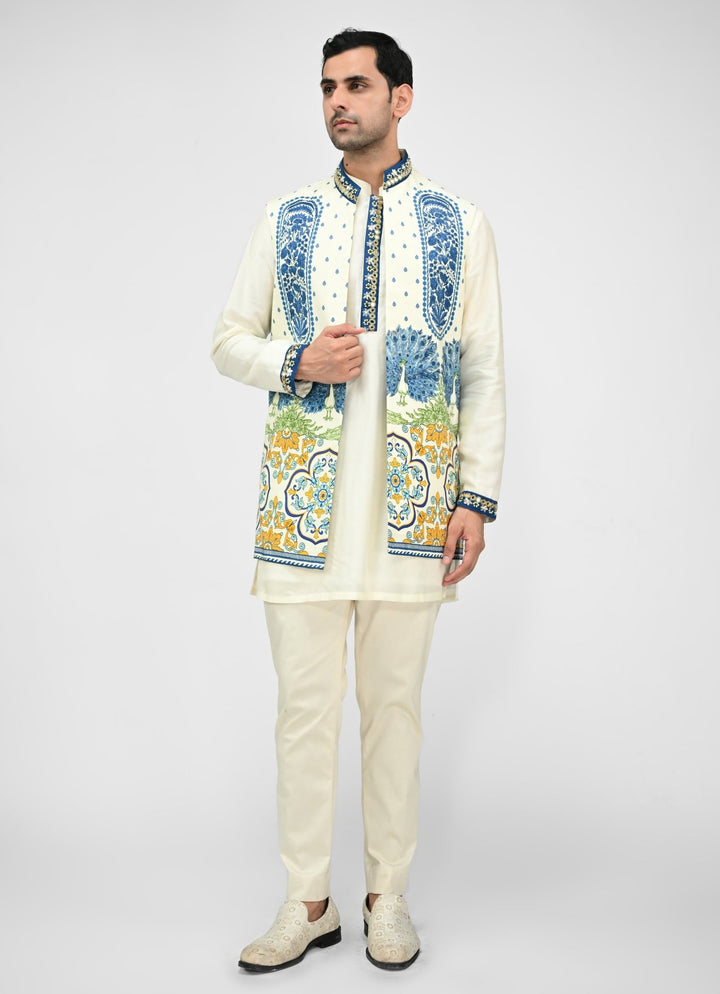 Ivory Kurta Pants Set with Printed Half Jacket Juhi Bengani - Men - Fabilicious Fashion