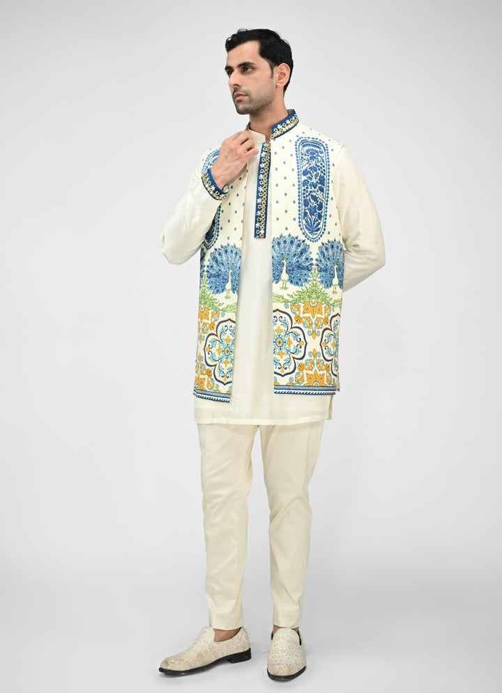 Ivory Kurta Pants Set with Printed Half Jacket Juhi Bengani - Men - Fabilicious Fashion