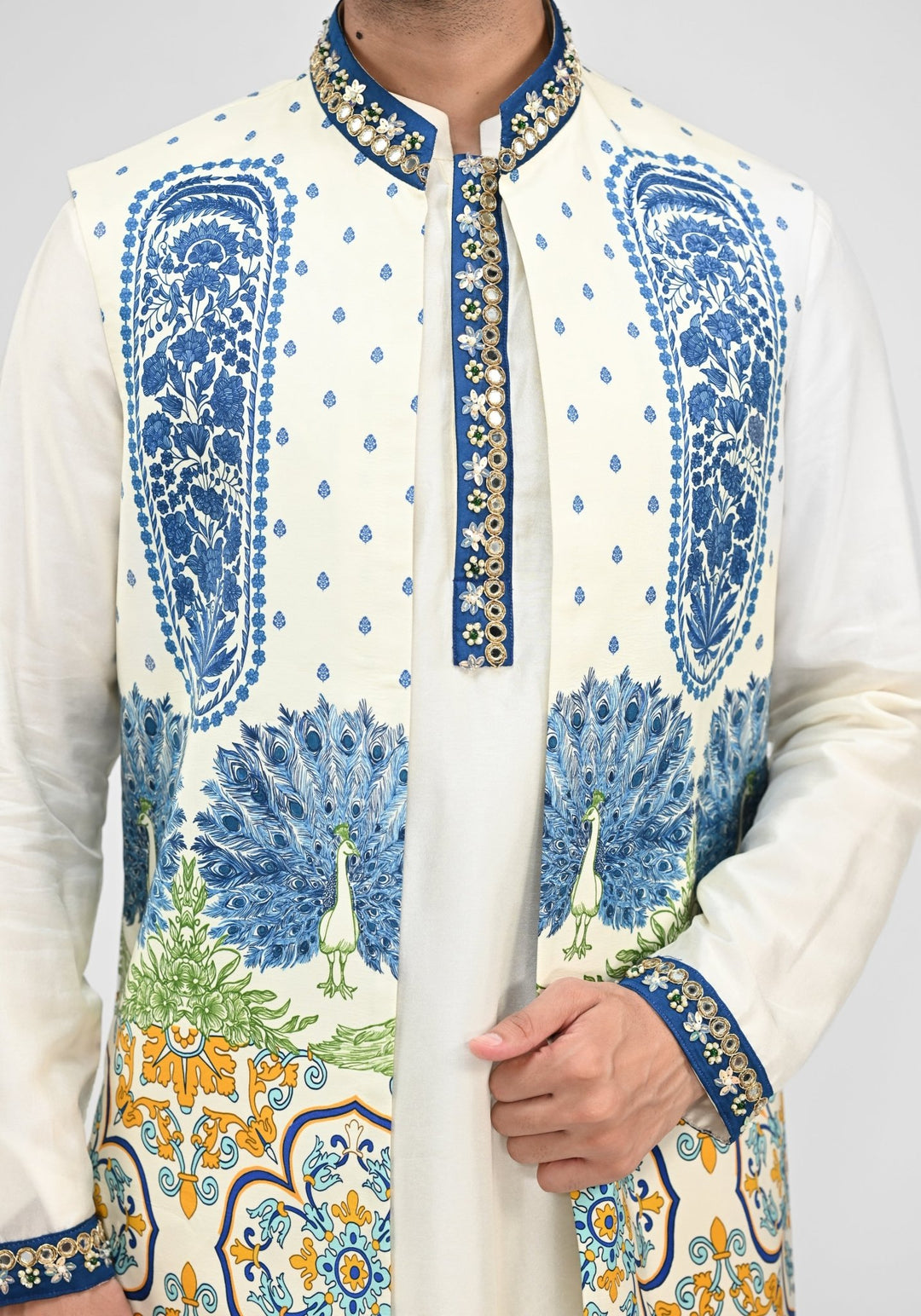 Ivory Kurta Pants Set with Printed Half Jacket Juhi Bengani - Men - Fabilicious Fashion