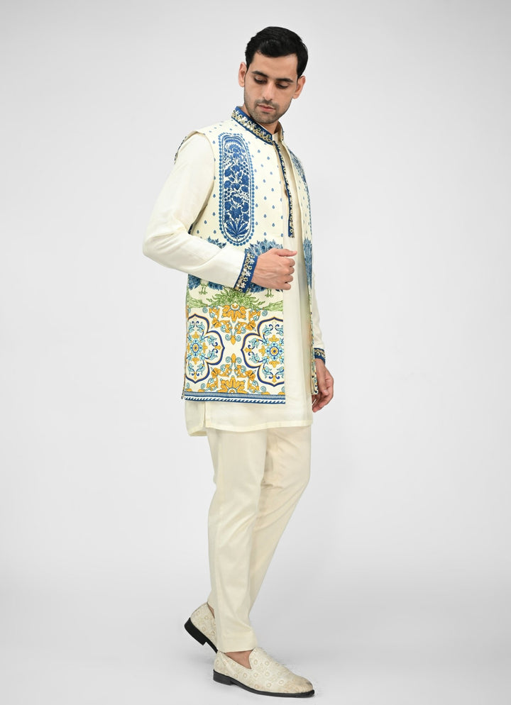 Ivory Kurta Pants Set with Printed Half Jacket Juhi Bengani - Men - Fabilicious Fashion