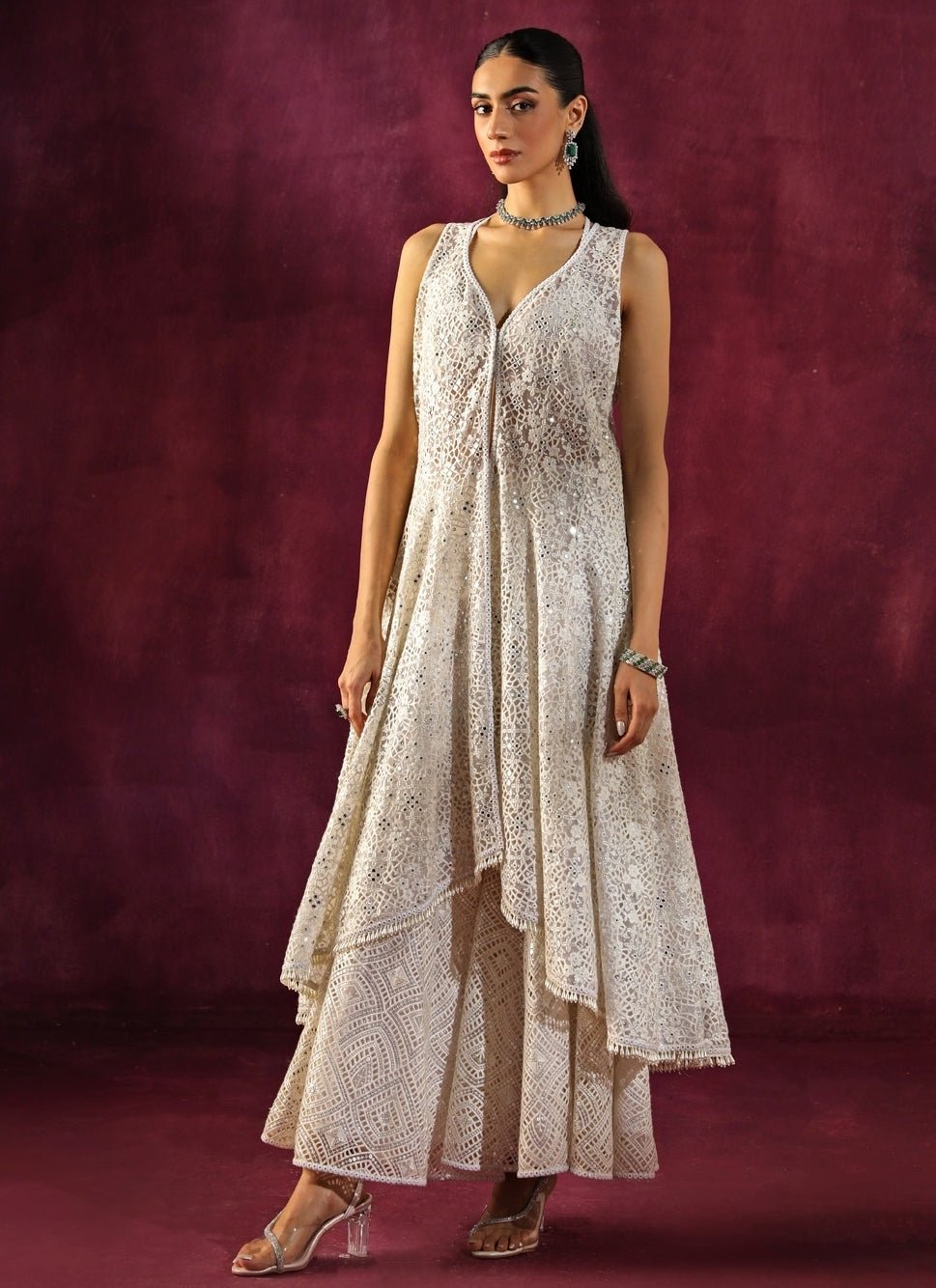 Twenty Nine Ivory Lace Mirrorwork Asymmetric Kurta Sharara SetFabilicious Fashion