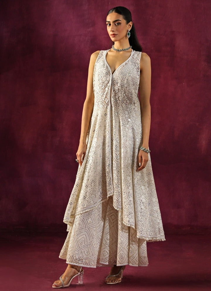 Twenty Nine Ivory Lace Mirrorwork Asymmetric Kurta Sharara SetFabilicious Fashion