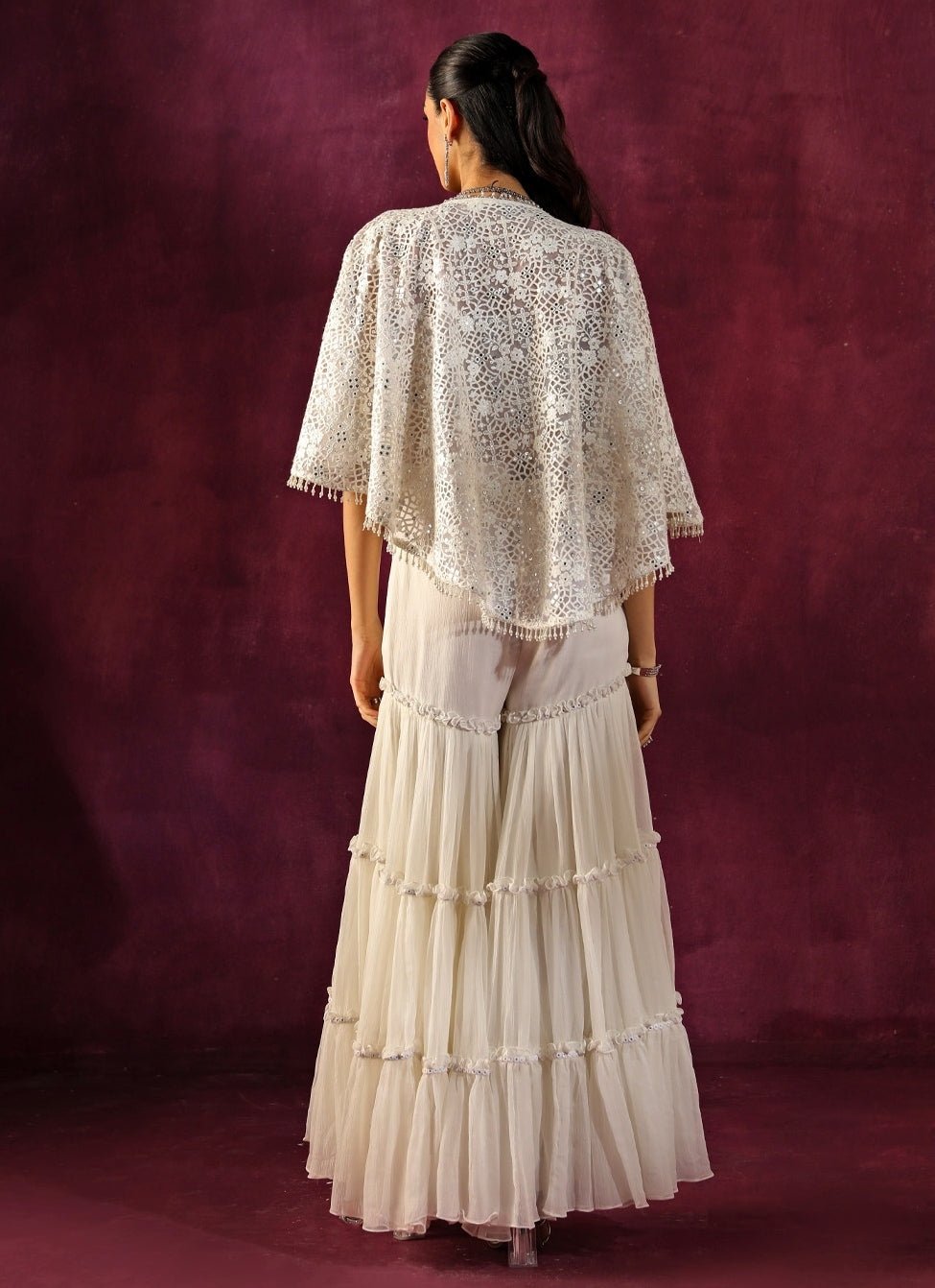 Twenty Nine Ivory Lace Mirrorwork Blouse Sharara Set With CapeFabilicious Fashion
