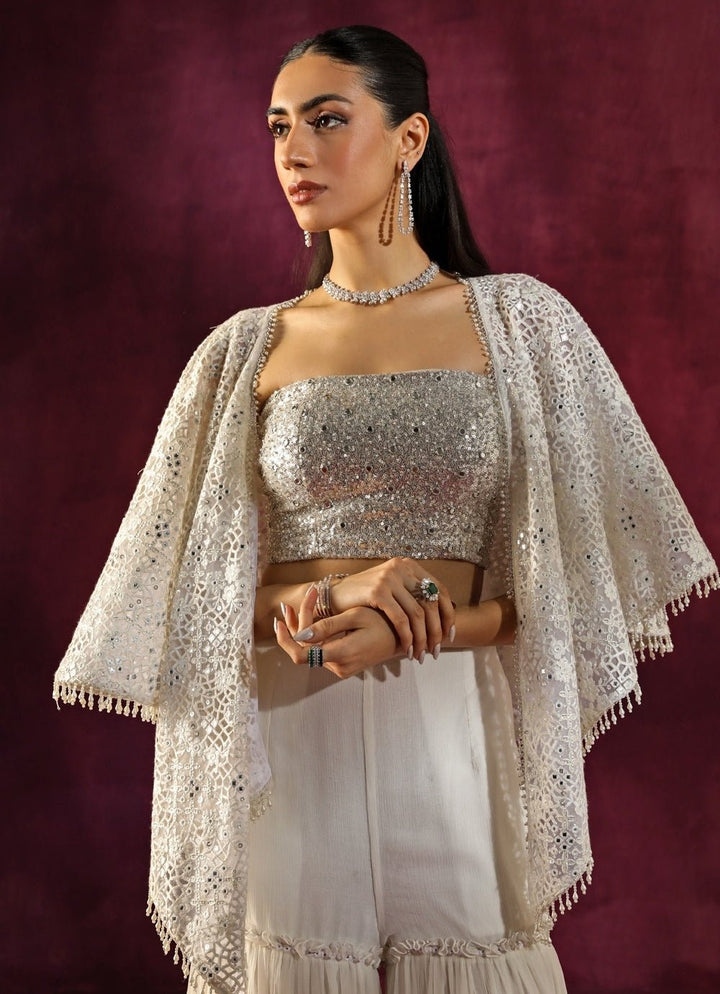 Twenty Nine Ivory Lace Mirrorwork Blouse Sharara Set With CapeFabilicious Fashion