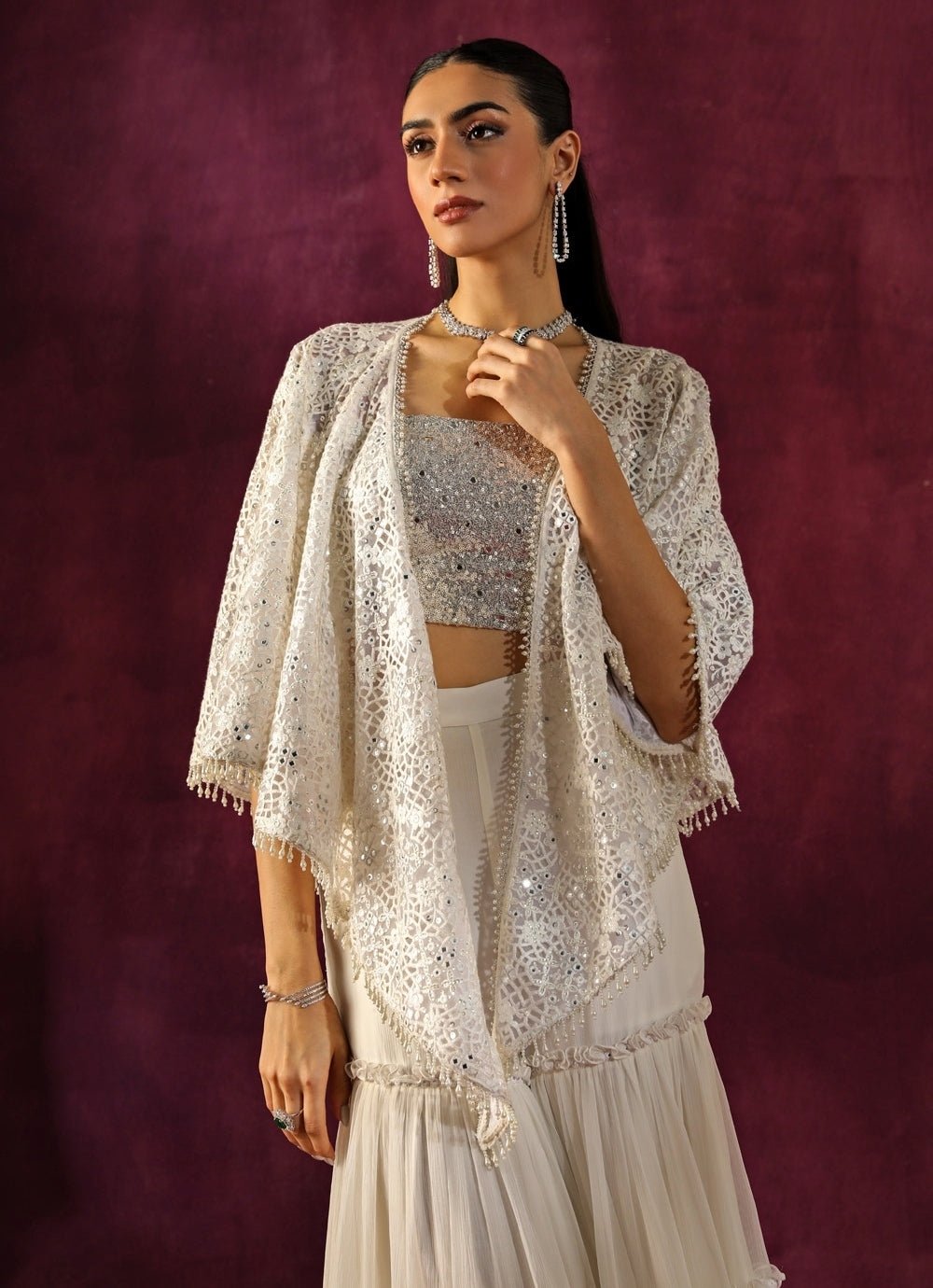 Twenty Nine Ivory Lace Mirrorwork Blouse Sharara Set With CapeFabilicious Fashion