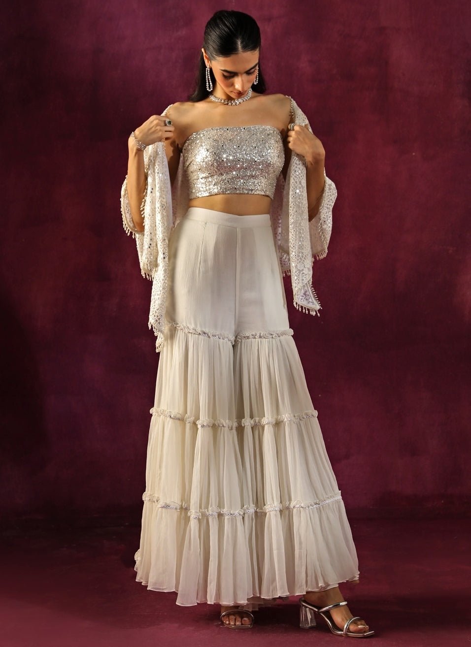 Twenty Nine Ivory Lace Mirrorwork Blouse Sharara Set With CapeFabilicious Fashion