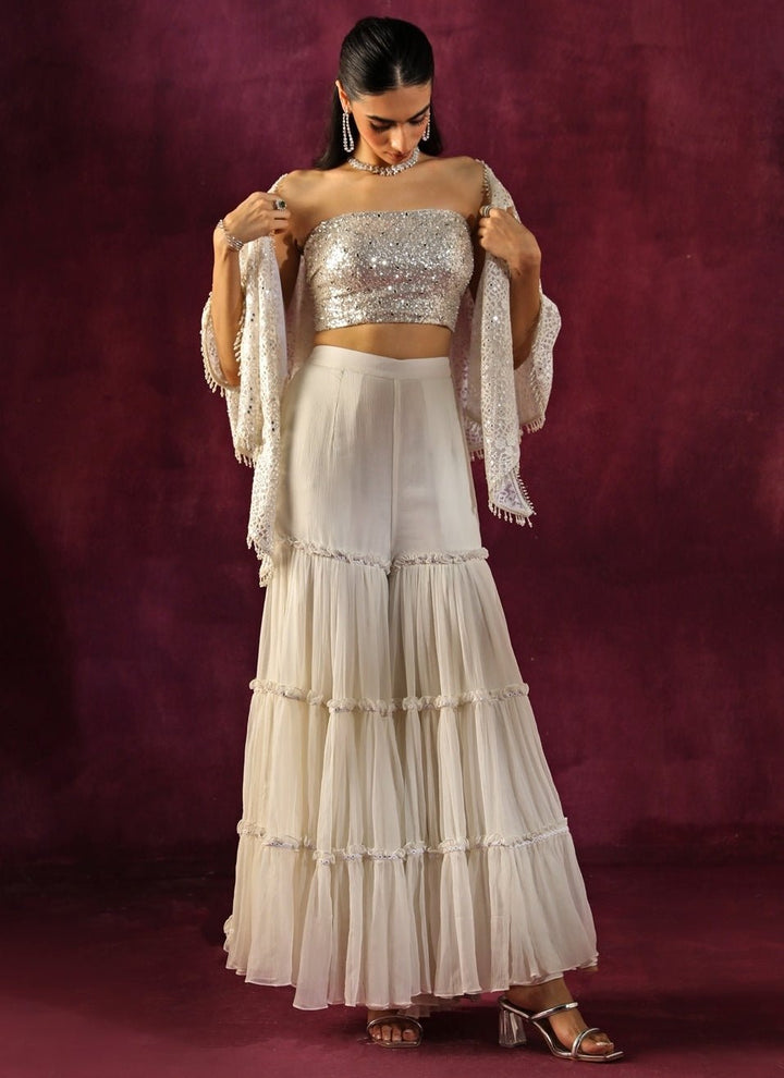 Twenty Nine Ivory Lace Mirrorwork Blouse Sharara Set With CapeFabilicious Fashion