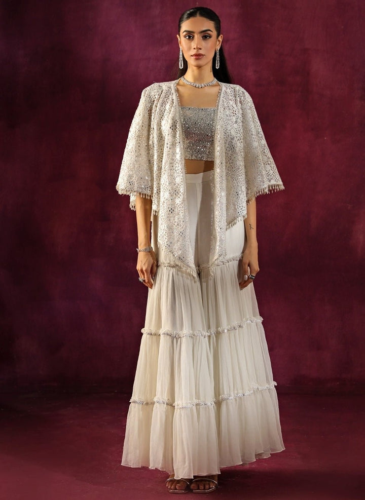 Twenty Nine Ivory Lace Mirrorwork Blouse Sharara Set With CapeFabilicious Fashion