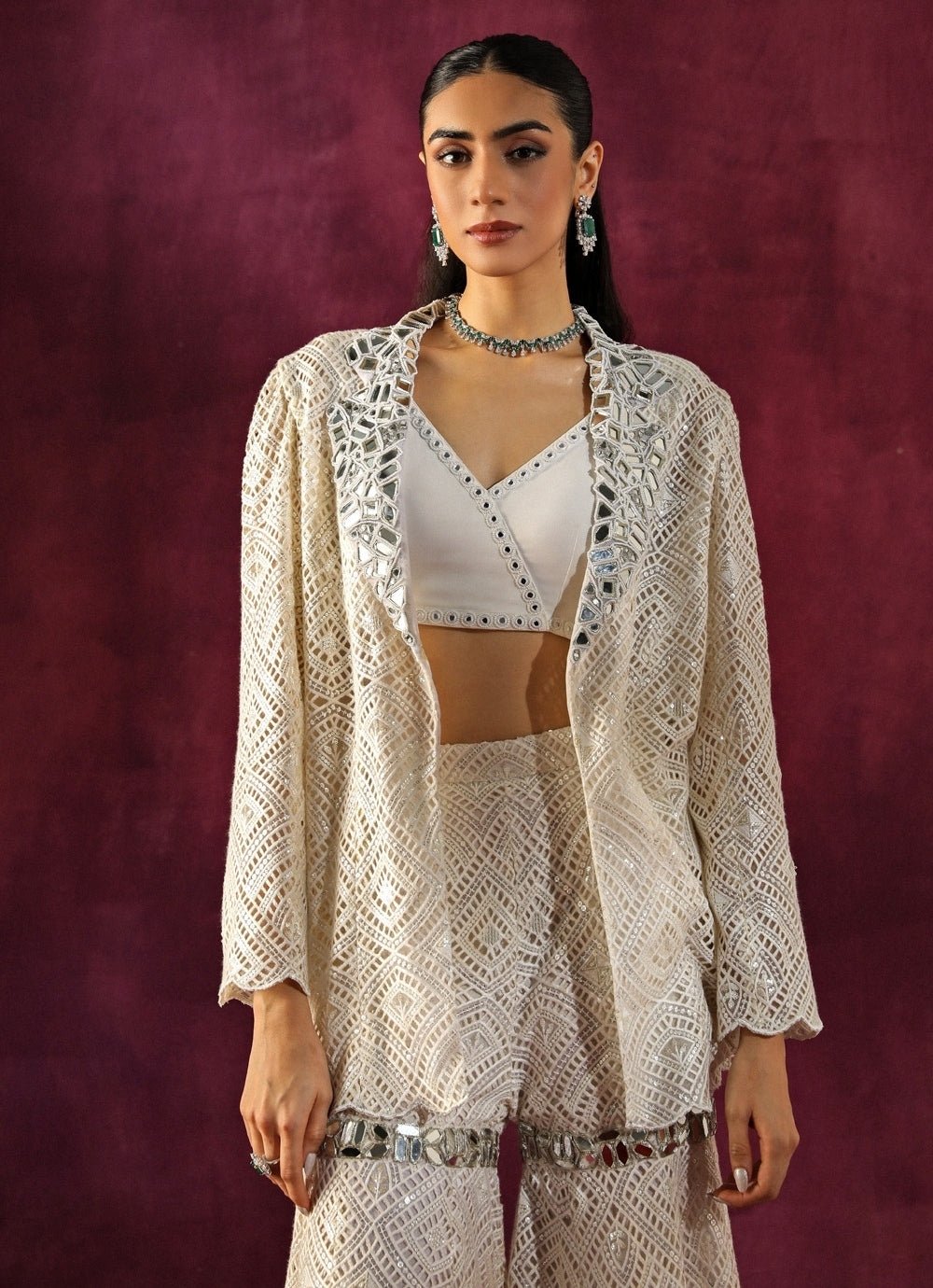 Twenty Nine Ivory Lace Mirrorwork Blouse Sharara Set With JacketFabilicious Fashion