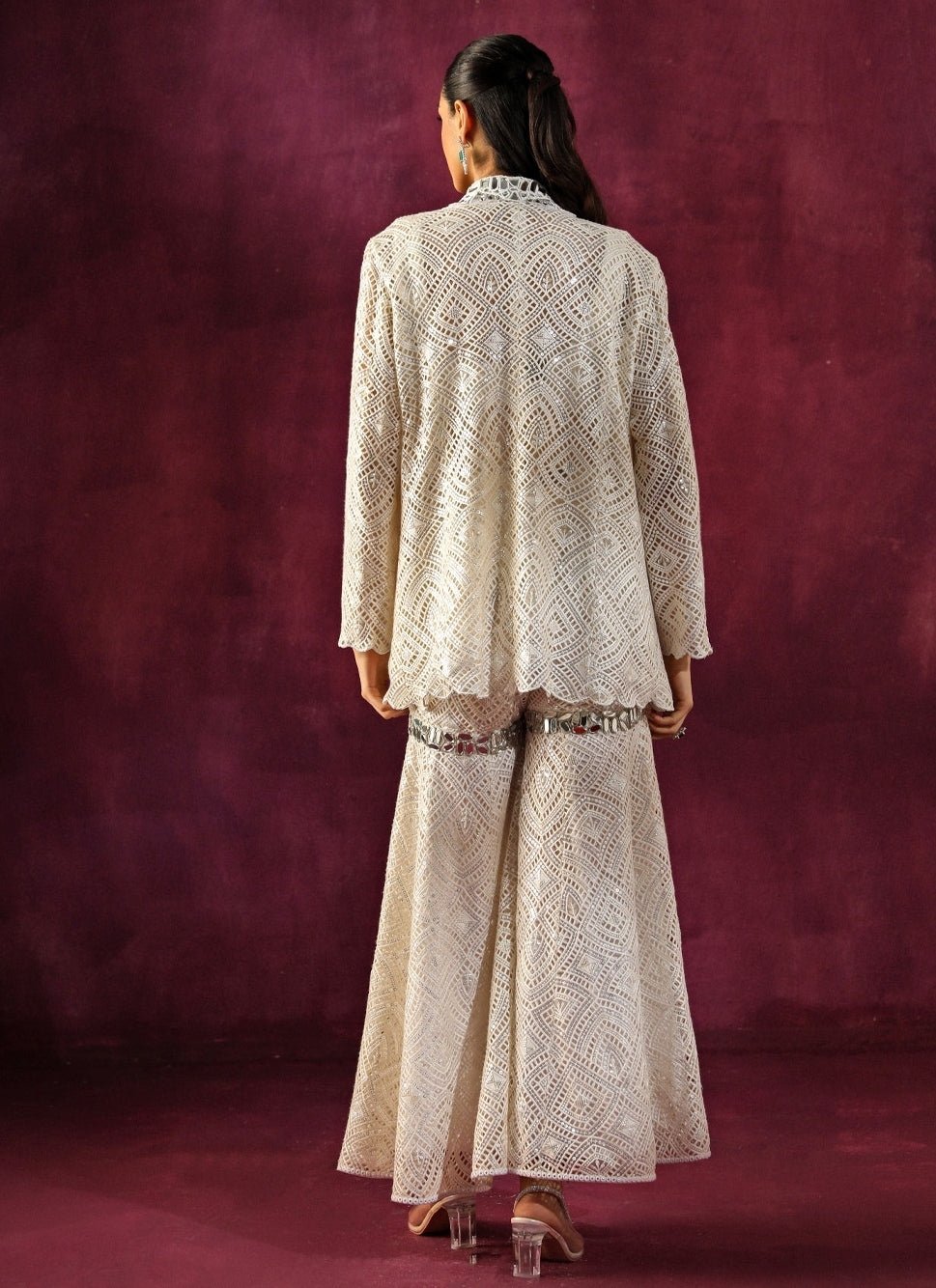 Twenty Nine Ivory Lace Mirrorwork Blouse Sharara Set With JacketFabilicious Fashion