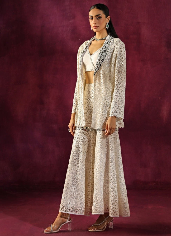Twenty Nine Ivory Lace Mirrorwork Blouse Sharara Set With JacketFabilicious Fashion