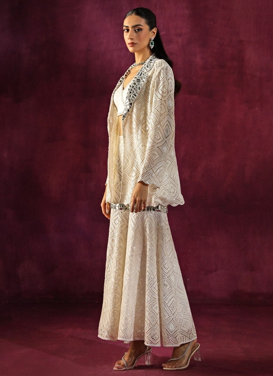 Twenty Nine Ivory Lace Mirrorwork Blouse Sharara Set With JacketFabilicious Fashion