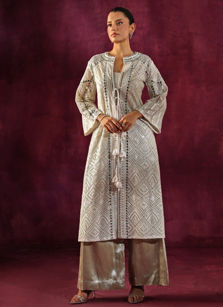 Twenty Nine Ivory Lace Mirrorwork Long Kurta Palazzo SetFabilicious Fashion