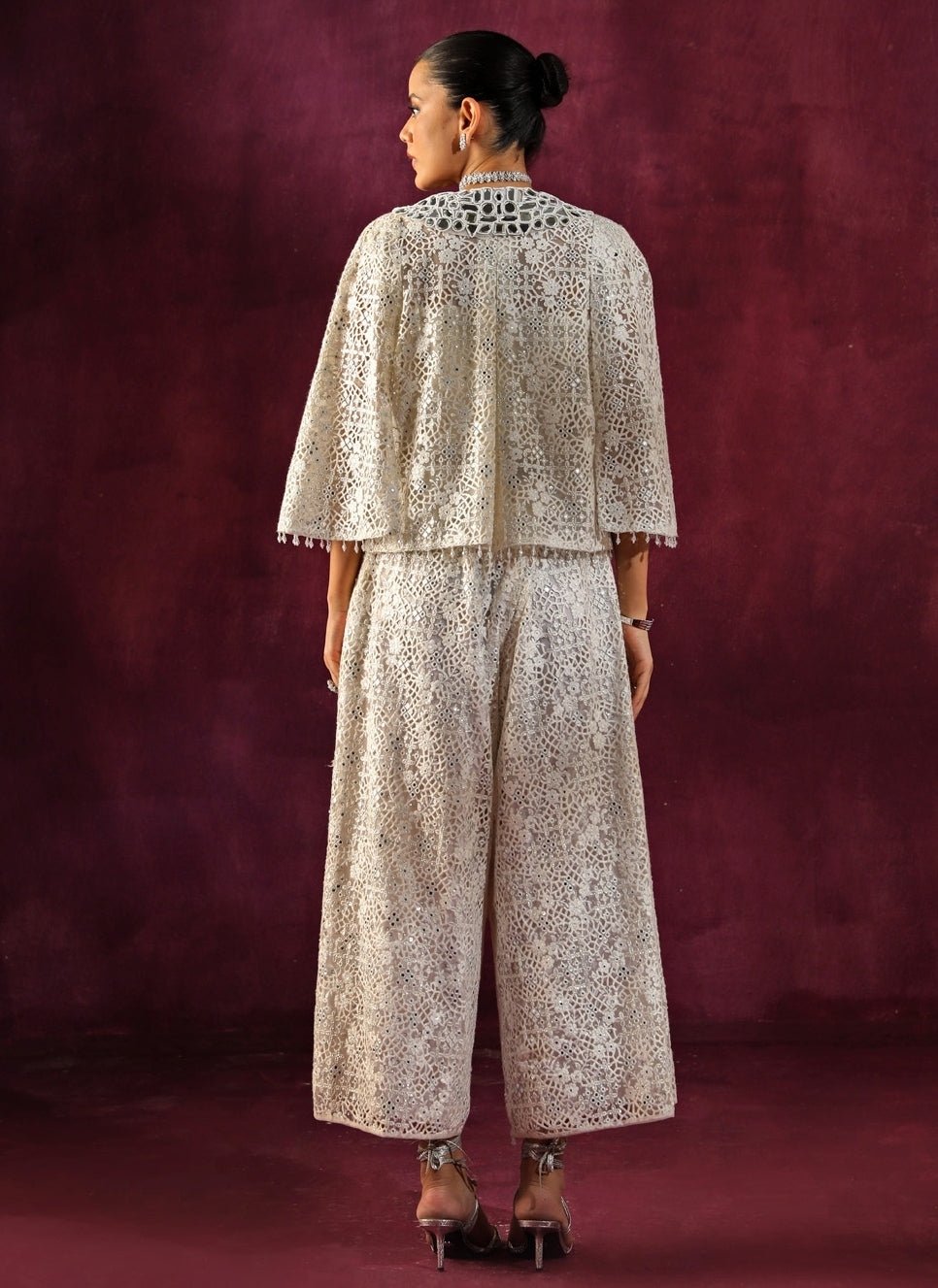Twenty Nine Ivory Lace Mirrorwork Palazzo Set With JacketFabilicious Fashion